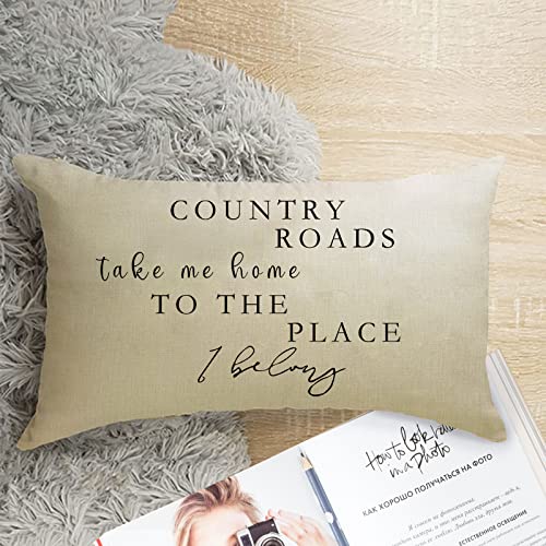Image of Lumbar Country Roads Take Me Home Christmas Rectangle Decorative Throw Pillow Cover, Rustic Quote Home Farmhouse Decoration, Housewarming Gift Cushion Case for Sofa Decor Cotton Linen 12 x 20