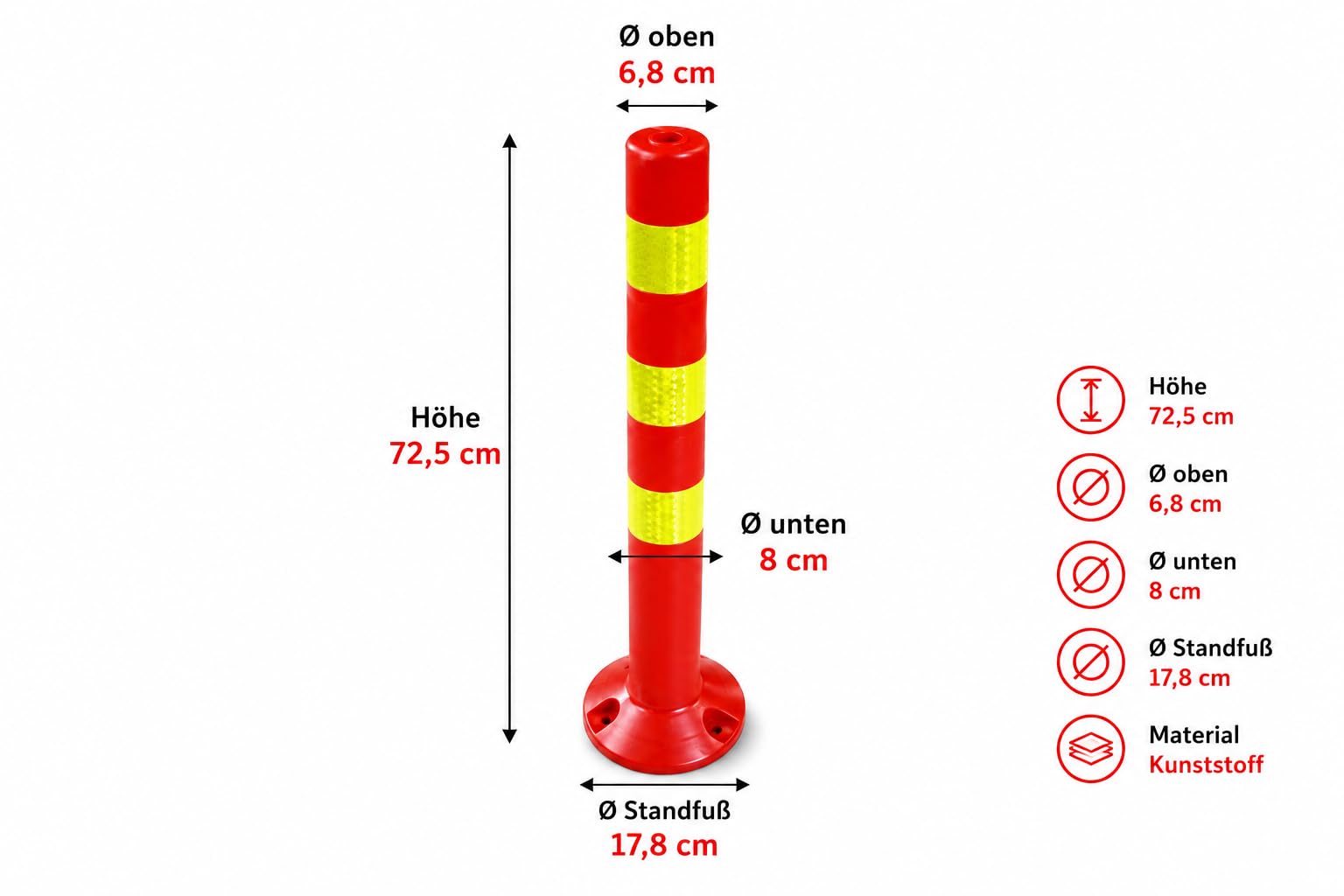 Juego de 10 postes de plástico – Altura 72,5 cm de bloqueo reflectante para almacén, aparcamiento con soporte, fijación con tornillos – Soporte de barrera – Parque postes guía bolardos