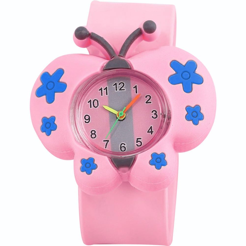Danlai Boys Pink Kids Slap On Watches, Cute Cartoon Butterfly Watch Silicone Wristwatches Slap On Strap Watch For Girls