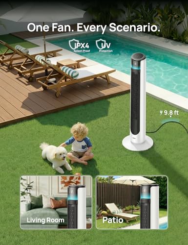 Image of DREO Smart Tower Fan for Outdoor & Indoor Use, 33 ft /s High Velocity, 12 Speeds, 4 Modes Standing Floor Fan, 150 Customizable Oscillating, 20 dB Quiet DC Motor for Bedroom, Weather Resistant