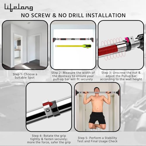 Image of Lifelong Pull Up Bar for Home -Adjustable Rod 75cm to 92cm width, wall mounted without screws -Door Pull up bar to Increase Height -Exercise equipment for Home Gym weight capacity 200Kgs