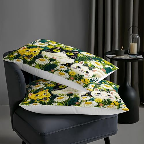 Image of AILONEN Daisy Cat Comforter Full 3 Piece Bedding Set Tuxedo Ginger Kitten Floral Field Meadow Quilt Teens Girls Aesthetic Botanical Room Decor Soft Pet Animal Coverlet