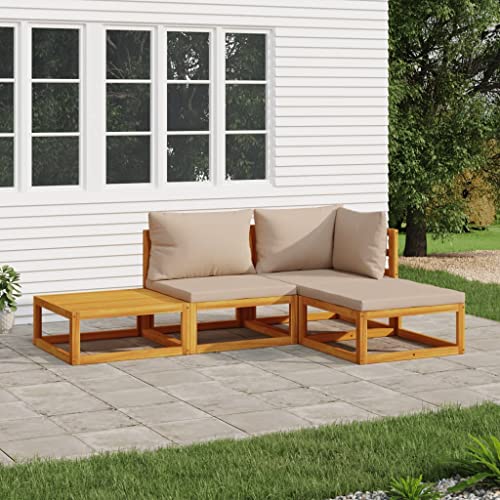 Homgoday Juego de 4 muebles de jardín con cojines de color topo y muebles de jardín, muebles de balcón, sofá de jardín, sofá esquinero, sofá para jardín, terraza, balcón, madera maciza