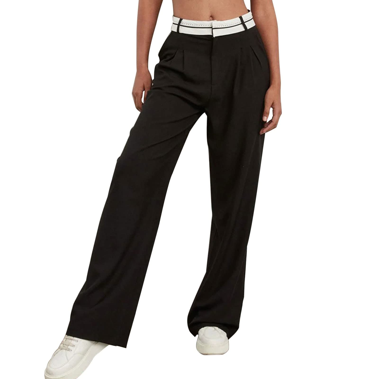 Womens Straight Wide Leg Pants Business Work Trousers Long Suit Pants Casual Pants Stretch Comfy Pockets Relaxed Fit