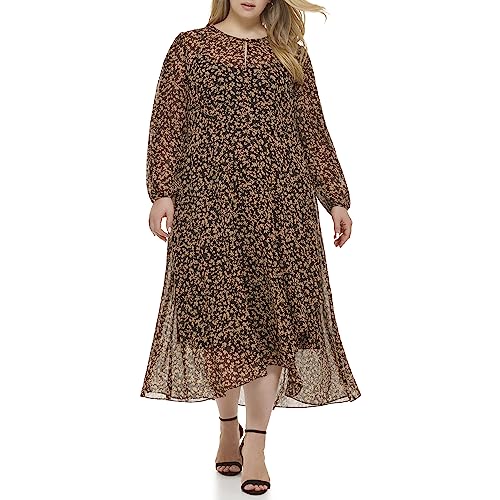 Image of Tommy Hilfiger Women's Long Sleeve Keyhole Neck Chiffon Hi-lo Midi Dress