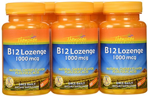 Thompson B-12 Lozenges, Cherry Flavor + Folic Acid, 30 Lozenges,  (Pack of 6)