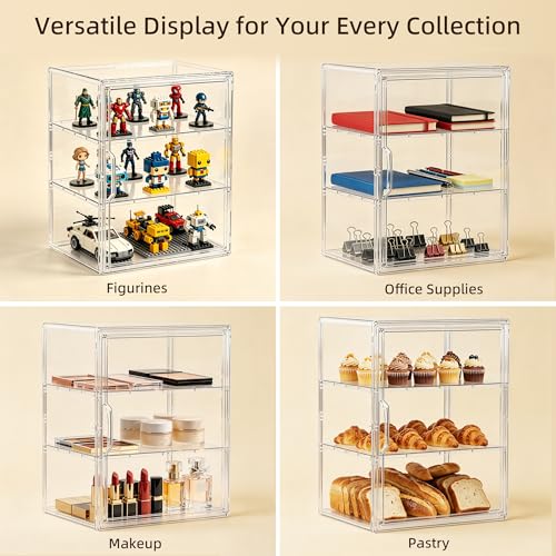 Image of Attelite Acrylic Display Case for Collectibles,Clear Storage Bin with 3 Adjustable Layers, Stackable Storage Box with Magnetic Door for Figures, Home Office,Large,3 Tier Clear Storage Bin,1Pack