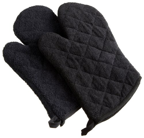 DII 100% Cotton, Terry Oven Mitt Set Machine Washable, Heat Resistant, 7 x 13, Black, 2 Piece, 7 x 13 Inches