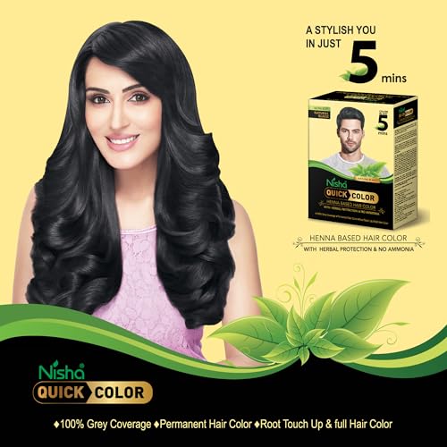 Image of Nisha 10 Minute Quick Henna Powder Hair Colour - Organic Henna-Based Instant Hair Colour for Women & Men, 100% Gray Coverage, Ammonia-Free, Natural Black Hair Dye (60g Each, Pack of 3)