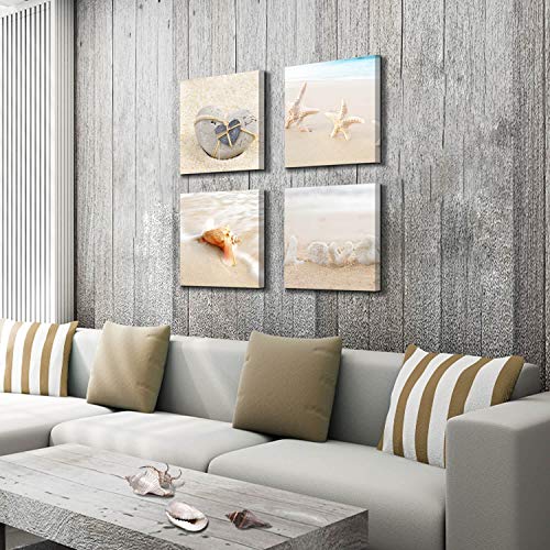 Seashell Canvas Wall Art Print: Rustic Starfish Graphic Artwork Painting on Canvas for Wall Decor for Bathroom (12''x12''x4pcs) - Image 3