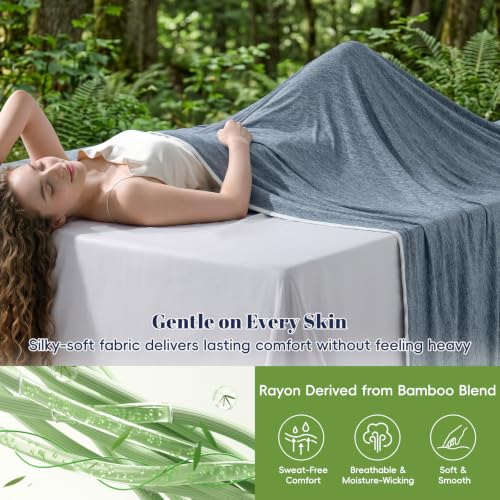 Image of PHF Cooling Blanket Queen Size 90 inchx90 inch, Double-Sided Cooling for Hot Sleepers (Q-Max 0.46+), Lightweight Breathable Summer Blanket for Night Sweats with Rayon Derived from Bamboo, Navy Blue