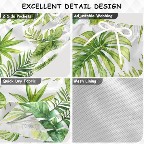 Pigsaly Boys' Swim Board Shorts Spring Watercolor Green Palm Leaves Boy's Swim Trunks Kids Swimwear 5T3