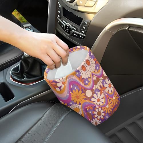 Image of Renewold Waterproof Car Trash Can, Hippie Daisy Swirl Boho Car Garbage Can with Button Straps, Trash Bin for Any Vehicles, Auto Waster Container, Camping Picnic Travel Desktop Storage Bag Organizer