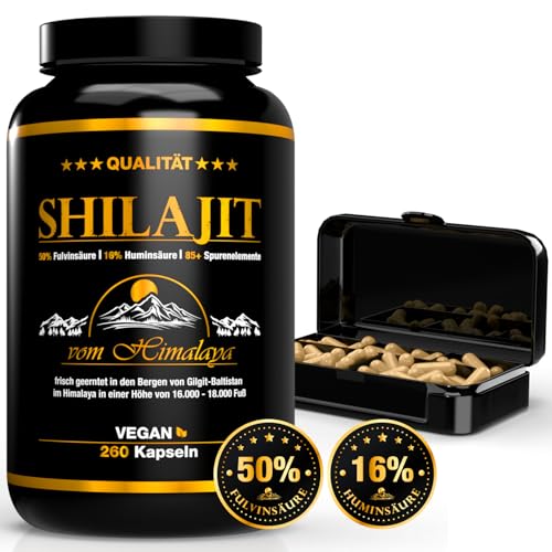 Shilajit 260 Cápsulas | Extracto 50:1 (= 75.000 mg de shilajit por dosis) | 85 días como mínimo, 50% ácido fúlvico + 16% ácido húmico | incluye pastillero | 100% puro y original | vegano