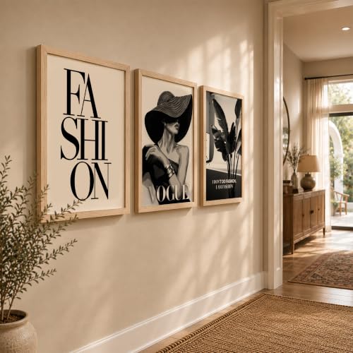 Image of NoWorries Modern Fashion Wall Art Frame Paintings 300 GSM Premium Prints | Vogue Lady Art, Botanical Print & Typography Frames | Stylish Home Decor for Living Room, Office & Bedroom | Synthetic Wooden Finish Wall Art Frames (Set of-3) (NATURAL, ART-6, 17X25INCHES)