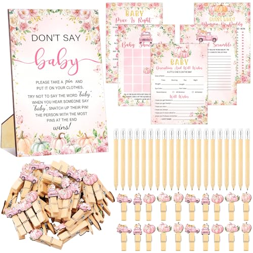 Image of Patelai 321 Pcs Pink Pumpkin Baby Shower Game Decorations a Sweet Little Pumpkin Is on the Way Baby Shower Decorations 5 Set Games Bingo Don't Say for Gender Reveal Birthday Party Supplies