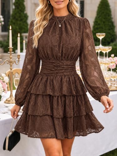 Image of Wenrine Womens Long Sleeve Mini Dress Floral Tiered Smocked Party Dresses | Cut Out, High Waist, Ruffle Design, Boho Style, Button Back, Night Out, Fall Winter