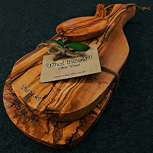 What the Art!® Olive Wood «Serrano Set» Gr. L | 2 Olivenholz Schneidebretter inkl. 2 Dip-Schälchen + Geschenk | ca. 30 x 15 & 37 x 18 cm | Bretterset - Käsebrett - Servierbrett - Küchenset Cover