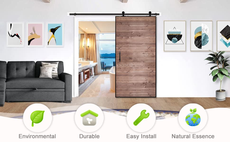 Image of S&Z tophand 42 in. x 84 Brown Barn Door with 8FT Sliding Hardware Kit, Modern Style, Simple Assembly Required