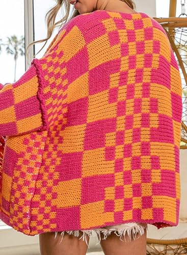 SELINK Women's Cardigan Sweater Vintage Open Front Mixed Checkered Pattern Chunky Knit Plaid Long Sleeve Daily Outwear2