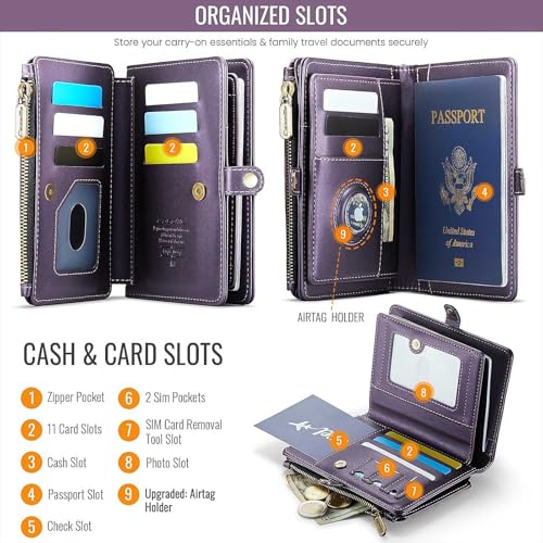 Image of Passport Wallet with AirTag Holder, RFID Blocking Passport Holder for Travel Family, PU Leather Document Organizer with 11 Card Slots & Wrist Strap, Purple
