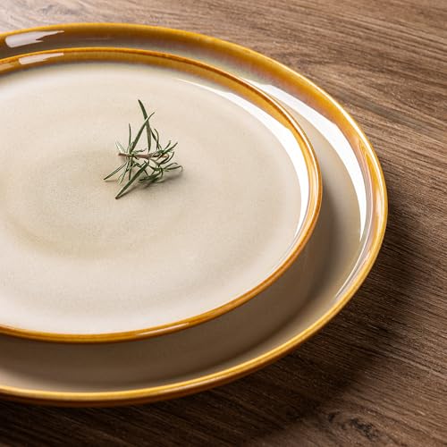Image of LeRatio Ceramic Dinnerware Sets for 6,Poreclain Plates and Bowls Sets,Handmade Reactive Glaze Dishes Set,Chip Resistant and Scratch Resistant | Oven&Dishwasher & Microwave Safe)-Kahki(18PCS)