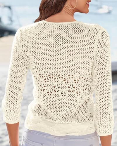 Image of Nulibenna Womens Sheer Shrug Sweaters 3 /4 Sleeve Open Front Tie Cardigan Bolero Jacket Lightweight Crochet Knit Cover Up Tops