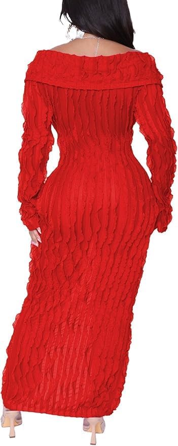Sexy Button Down Dresses for Women Date Night Off Shoulder See Through Mesh Ruffle Bodycon Maxi Dress - Image 5