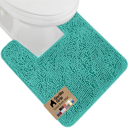 Image of Gorilla Grip Original Shaggy Chenille Square U-Shape Contoured Mat for Base of Toilet, 22.5x19.5 Size, Machine Wash and Dry, Soft Plush Absorbent Contour Carpet Mats for Bathroom Toilets, Turquoise