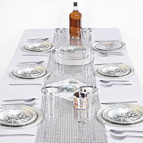 durony 351 Pieces 70s 80s Disco Party Supplies Silver Disco Ball Paper Plates Cups Disco Cocktail Napkins Plastic Cutlery Disco Party Table Runner for Disco Bachelorette Party Decorations(Serves 50) 6