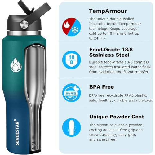 Image of SENDESTAR 40oz Water Bottle Wide Mouth Stainless Steel Vacuum Insulated Double Wall with Straw Lids Fit in Any Car Cup Holder