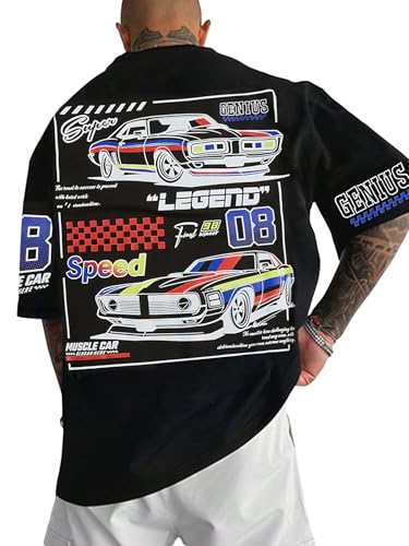 SOLY HUX Men's Graphic Tees Letter Car Print Short Sleeve T Shirt Streetwear Summer Tops