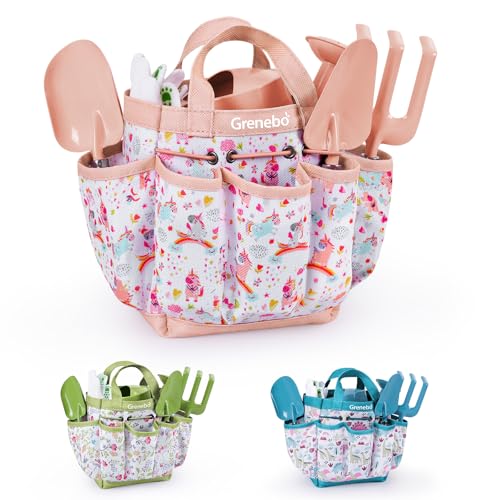 Kids Gardening Tool Set - Sturdy Metal & Wooden Tools for Ages 3-12 with Shovel Rake Watering Can Gloves Waterproof Apron & Tool Bag - Outdoor Educational Gift Toys for Boys Girls (Pink)