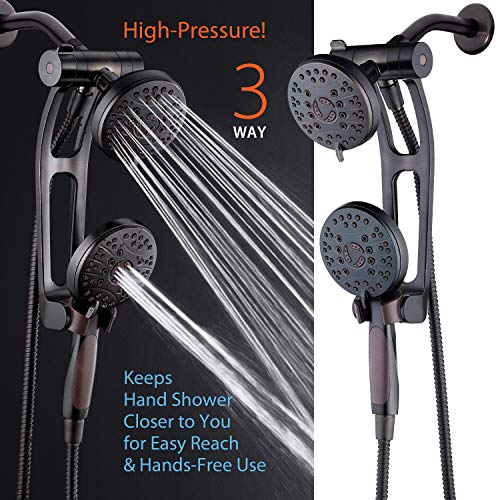 Aquaspa High Pressure 48-Mode Luxury 3-Way Combo With Adjustable Extension Arm – Dual Rain & Handheld Shower Head – Extra Long 6 Foot Stainless Steel Hose – All Oil Rubbed Bronze Finish – Top Us Brand #TOP1