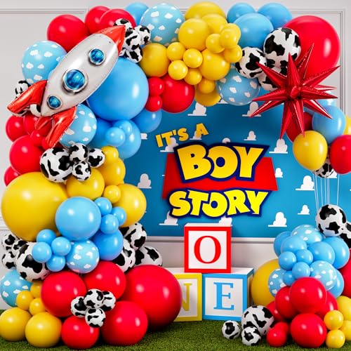 ALL-IN-1 Toy Story Balloons Arch Kit for It's A Boy Story Baby Shower Decorations – Toy Story Balloon Garland Kit with Cloud & Cow Toys Story Balloons for First Toys Story Birthday Party Supplies