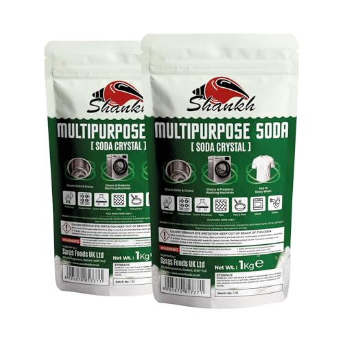 Shankh Soda Crystals - Multipurpose Soda 1kg (Pack of 2) | Multi-Purpose Washing Soda | Drain Unblocker Water Softener & Degreaser | Removes Tough Stains Grease & Grime | Home & Kitchen Cleaner