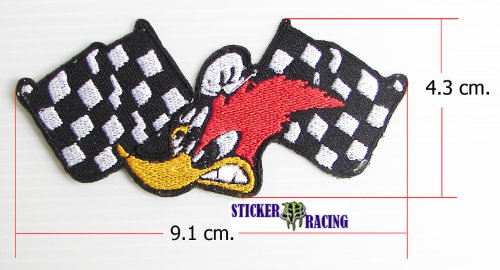 Embroidery Iron on or Sew on Patch Woody Woodpecker Racing 1 Pcs. (Red/Yellow/White/Black) #03