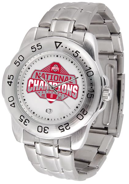 SunTime Ohio State Buckeyes 2024 National Champions Men's Sport Watch, 20mm Stainless Steel Strap, Gameday Silver Dial with Date