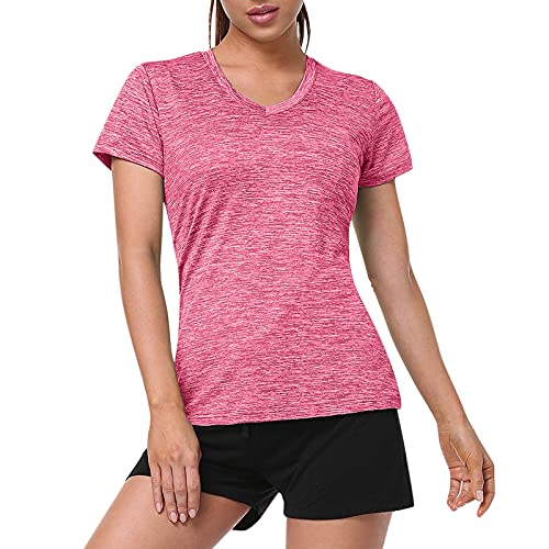 Tops for Women Moisture Wicking Slim Knit Ribbed Athletic Shirts Solid V Neck Short Sleeve Sport Activewear T-Shirt