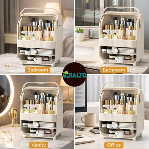 Image of JIALTO Large Cosmetic Organizer Box with Handle - Dustproof Makeup Storage Cabinet with Drawer, Skincare & Perfume Organizer for Vanity, Dressing Table & Bathroom Countertop (37x29.5x20 cm, Cream)