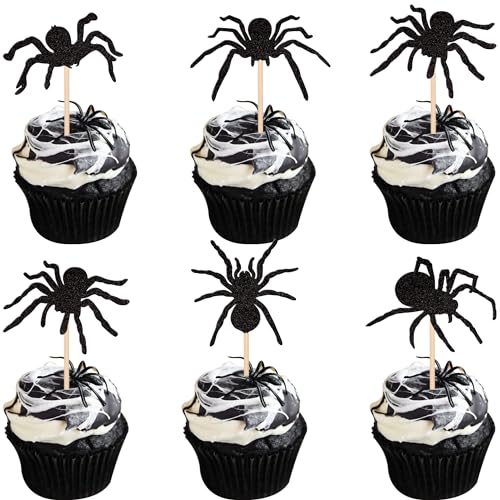 30 PCS Glitter Black Spider Cupcake Toppers - Halloween Cupcake Decorations for Baby Shower & Birthday Party Cake Decorations