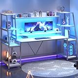 SEDETA White Gaming Desk 78.8'' with LED Lights, Hutch and Storage Shelves, Computer Desk with Monitor Stand, Large PC Gamer Desk Workstation, Ergonomic Gaming Table for Bedroom, Living Room