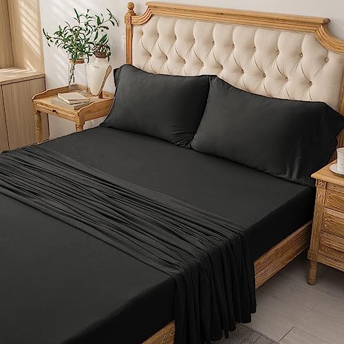 PURE ERA Jersey Knit 4pc Bed Sheet Set 100% T-Shirt Cotton Super Soft Comfy Breathable Fits Mattress Up to 20" Extra Deep Pocket (Solid Black, King)
