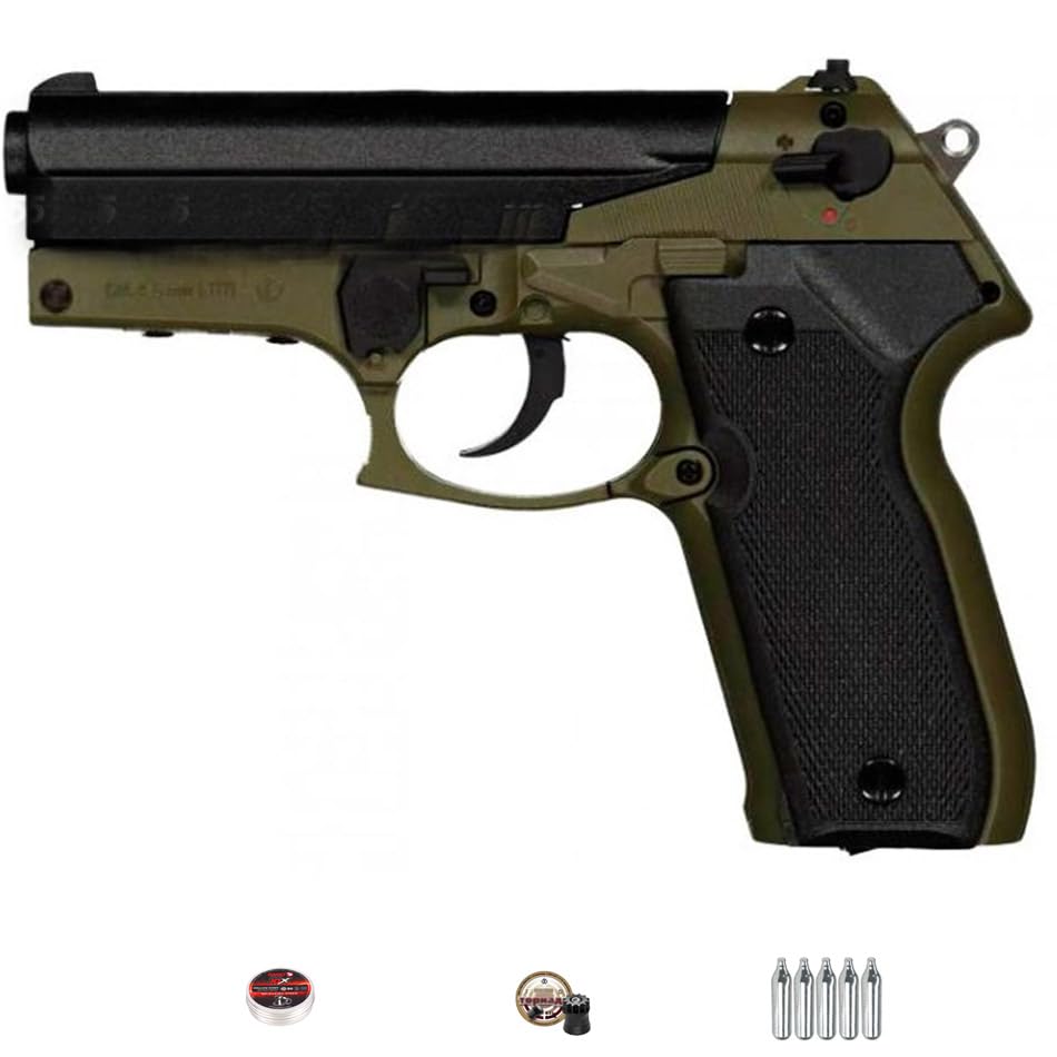 Pack de Pistola Aire comprimido BSA Beesa 45 PT-80 CO2 4,5 mm Verde Oliva, maletín, 5 bombonas, Kvintor Tornado y Hollow Point | Pack Pistola de balines con Sistema CO2 Menos de 3,5 Juli