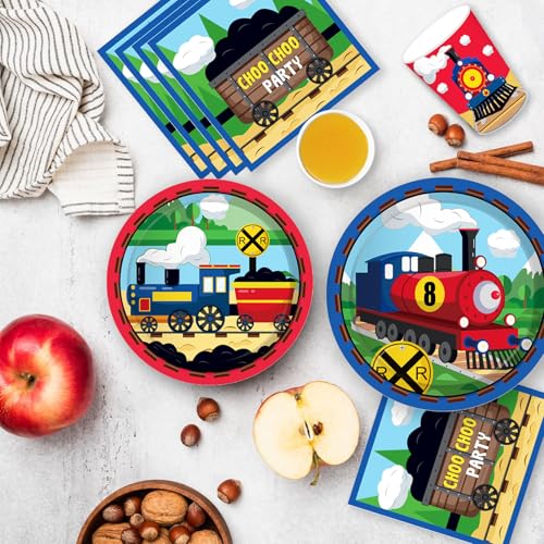 Bikasun Zug Geburtstag Party Supplies, Zug Partygeschirr Train, Zug Geburtstag Party Geschirr Set Zug Geburtstag Teller Train Kindergeburtstag Deko Auto Pappteller Becher Servietten Tischdeko