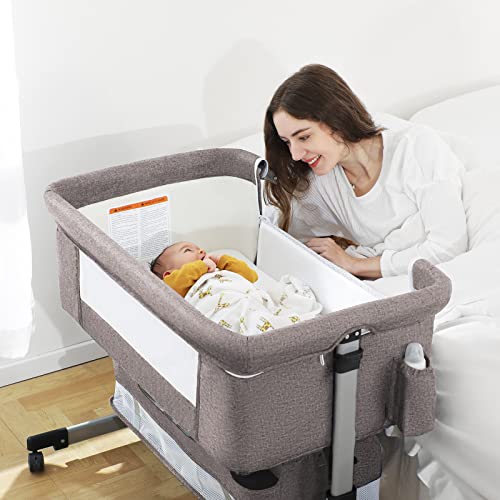 Image of Ihoming Baby Bassinet Bedside Sleeper, Baby Bed Side Crib with Storage Basket, Easy Folding Bassinets, Adjustable Baby Bed for Infant Newborn, Khaki