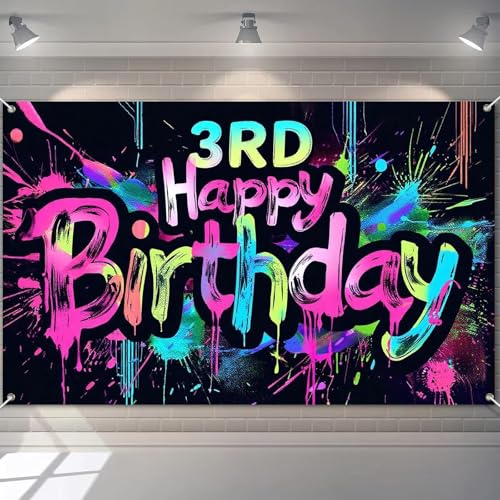 Image of HOMETITUTE Neon 3rd Happy Birthday Banner 71x43 Inch Glow Party Decor | Glow in The Dark Birthday Party Photo Booth Background Supplies and Celebration Decorations