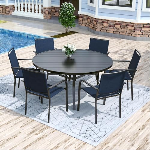 Image of Anmutig 7 Piece Patio Dining Set 54 Inch Round Table Stackable Chairs Blue | Powder-Coated Steel Frame, Quick-Dry Textilene Mesh, Dual-Size Umbrella Hole, Weather Resistant, Patio, Garden, Backyard