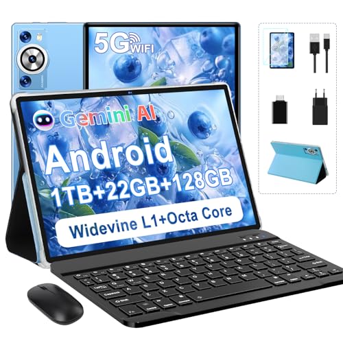 2026 Último Tablet 10 Pulgadas Android, 22GB RAM + 128GB ROM (TF 1TB), Octa Core 2.0GHz, 5G WiFi, GMS, Widevine L1, 5MP+8MP, 1280*800 Pixels, Bluetooth 5.0, Tableta con Funda, Ratón & Teclado   Azul