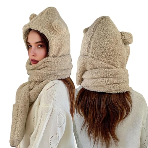 Women Cute Bear Hooded Hat Scarf Gloves Set 3-in-1 Earflap Animal Hat Plush Warm Hooded Scarf with Mittens4
